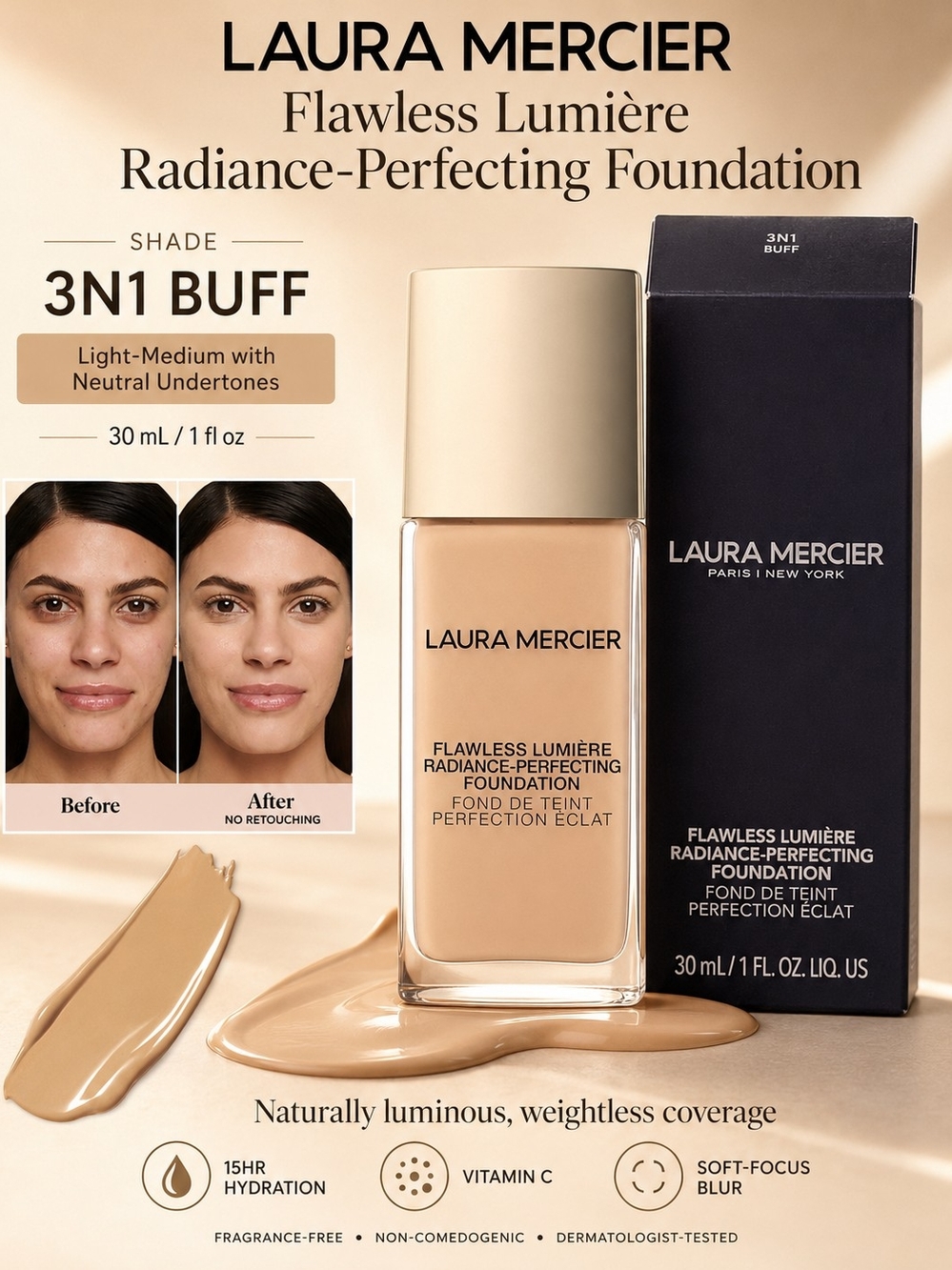 Laura Mercier Flawless Lumière Radiance-Perfecting Foundation – 3N1 Buff